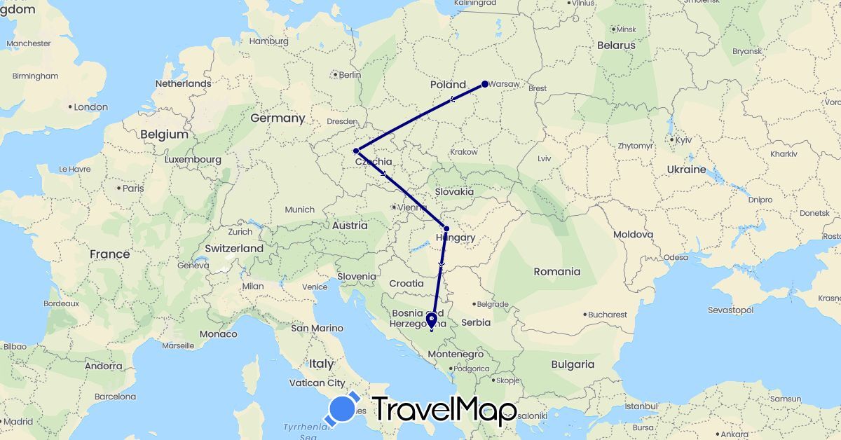 TravelMap itinerary: driving in Bosnia and Herzegovina, Czech Republic, Hungary, Poland (Europe)